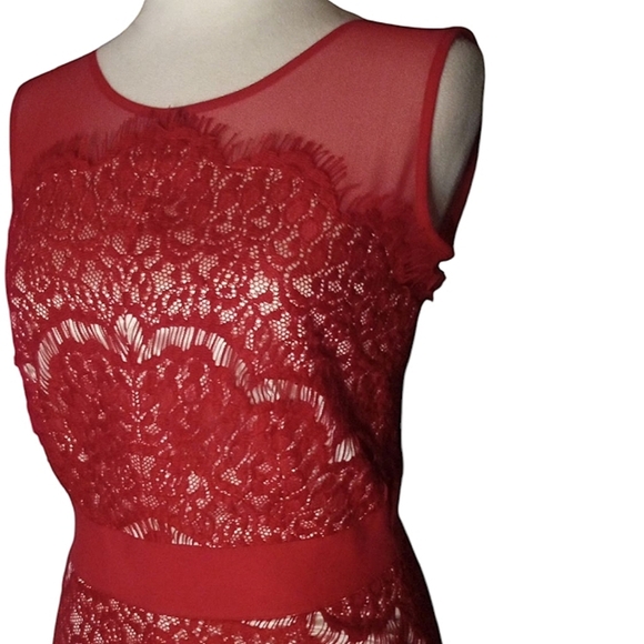Jax Red Nude Short Sleeve Illusion Eyelash Lace Fitted Sheath Dress Size 2 - Picture 6 of 11